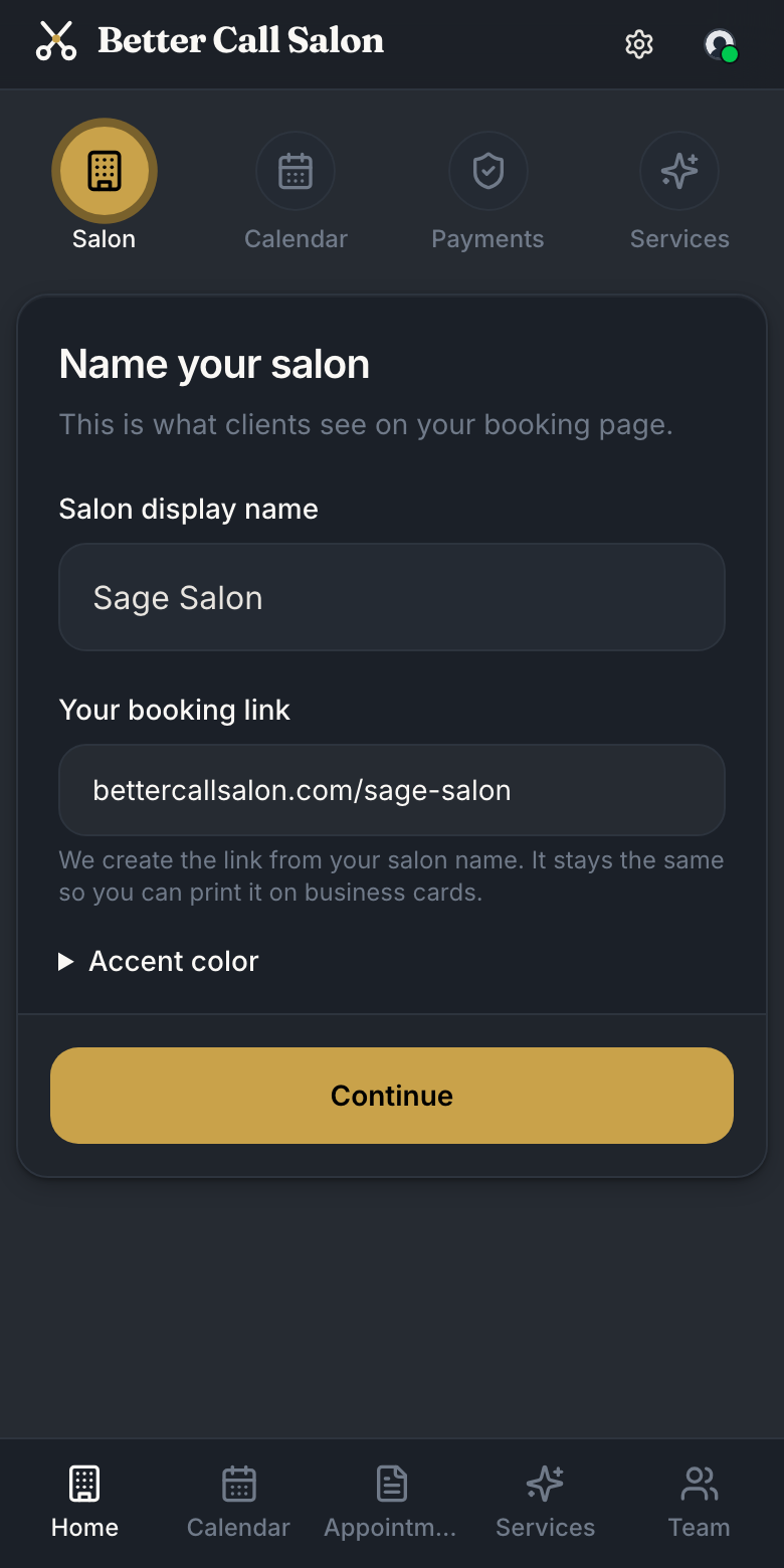 Better Call Salon setup: naming the salon and seeing the generated booking link