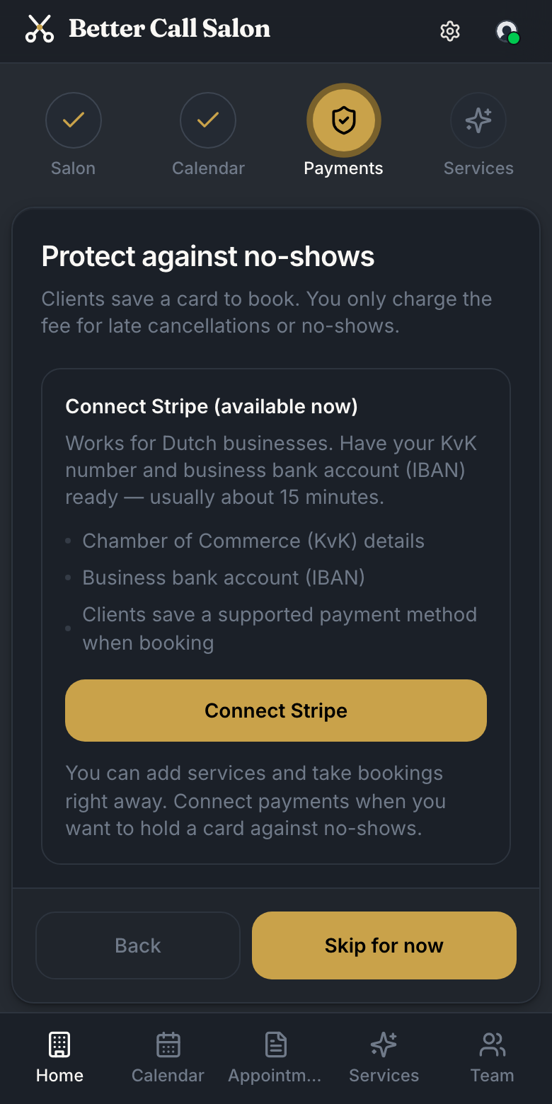 Better Call Salon setup: connecting Stripe to hold client cards