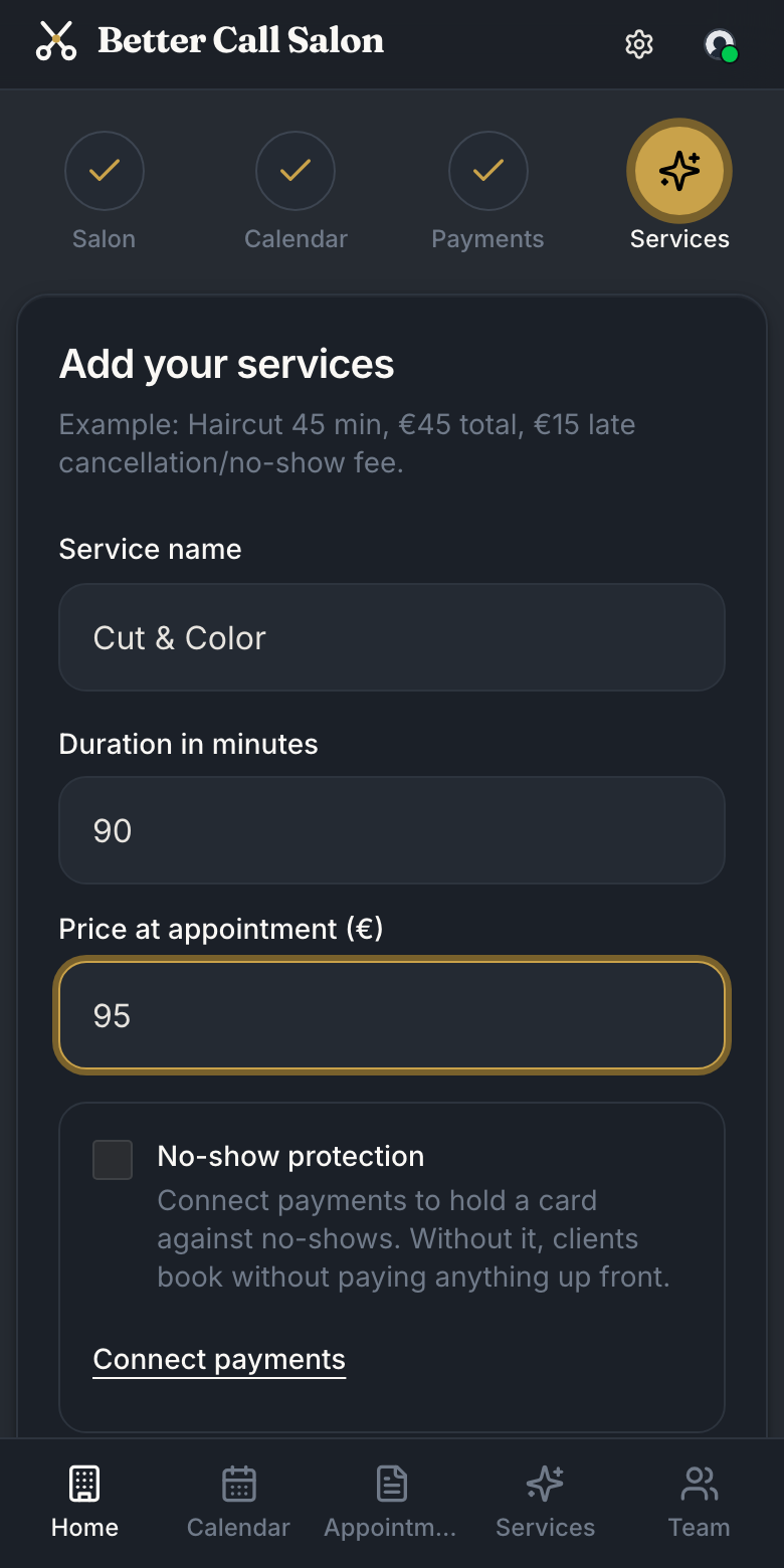 Better Call Salon setup: adding a service with duration and price