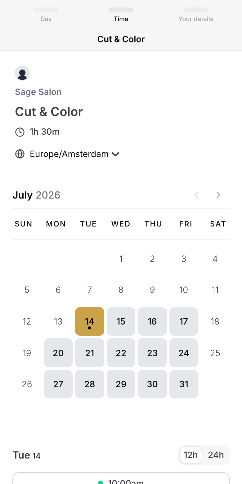 The public Better Call Salon booking page where a client picks a time